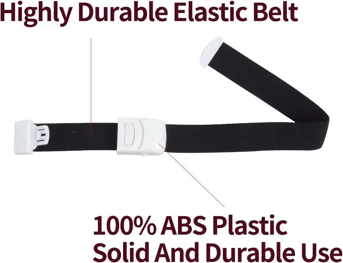Emergency elastic belt with white plastic buckle on black strap