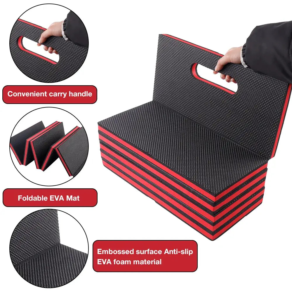 Simples Market EVA Foldable Car Repair Mat with red trim, embossed anti-slip EVA foam and portable carry handle