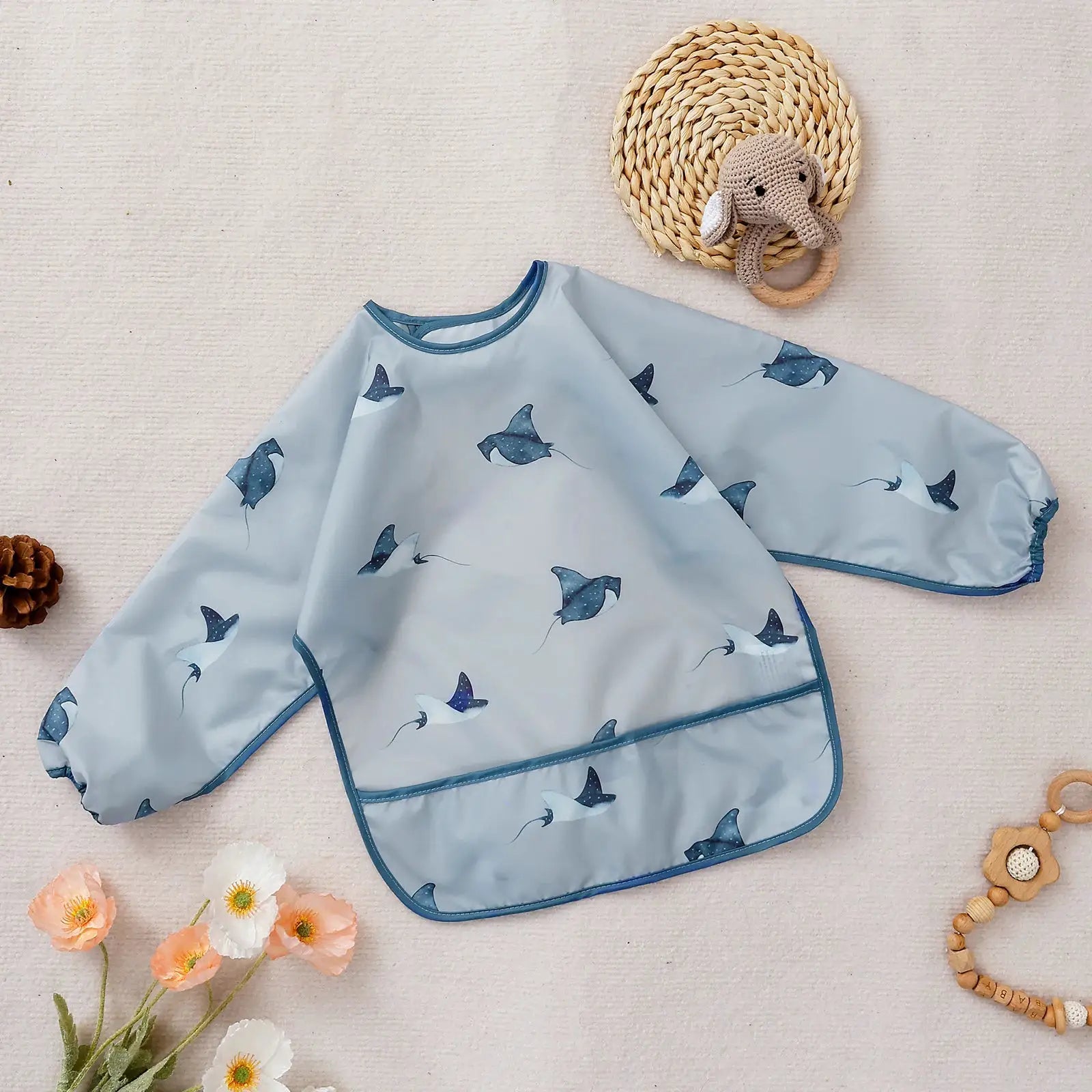 Elinfant Long Sleeve Waterproof Feeding Bibs For 1-3 Years Washable Burp Cloth Coverall Bibs Easy Clean