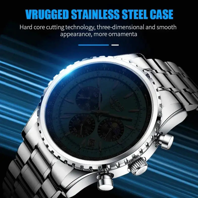LIGE men's stainless steel chronograph watch with black dial