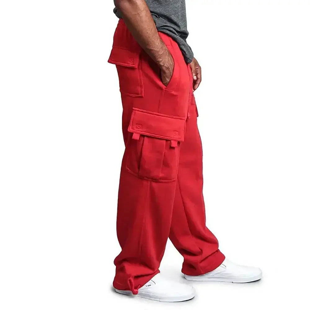 Men's red cargo sweatpants from Simples Market with multiple pockets and loose fit