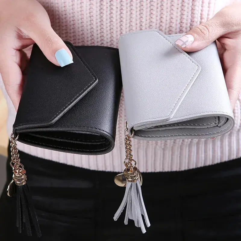 Women’s PU leather short wallet with tassel chain, black and gray twin wallets