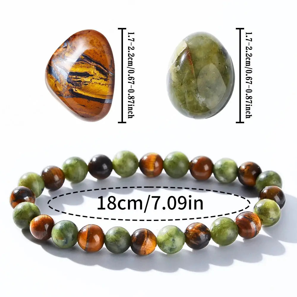 Prosperity and Abundance Healing Bracelet by Simples Market; green and tiger's-eye beads, 18 cm circumference.