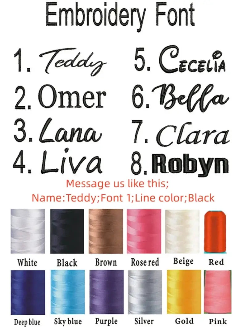 Personalized kids backpack by Simples Market showing 8 embroidery font options and thread color swatches.