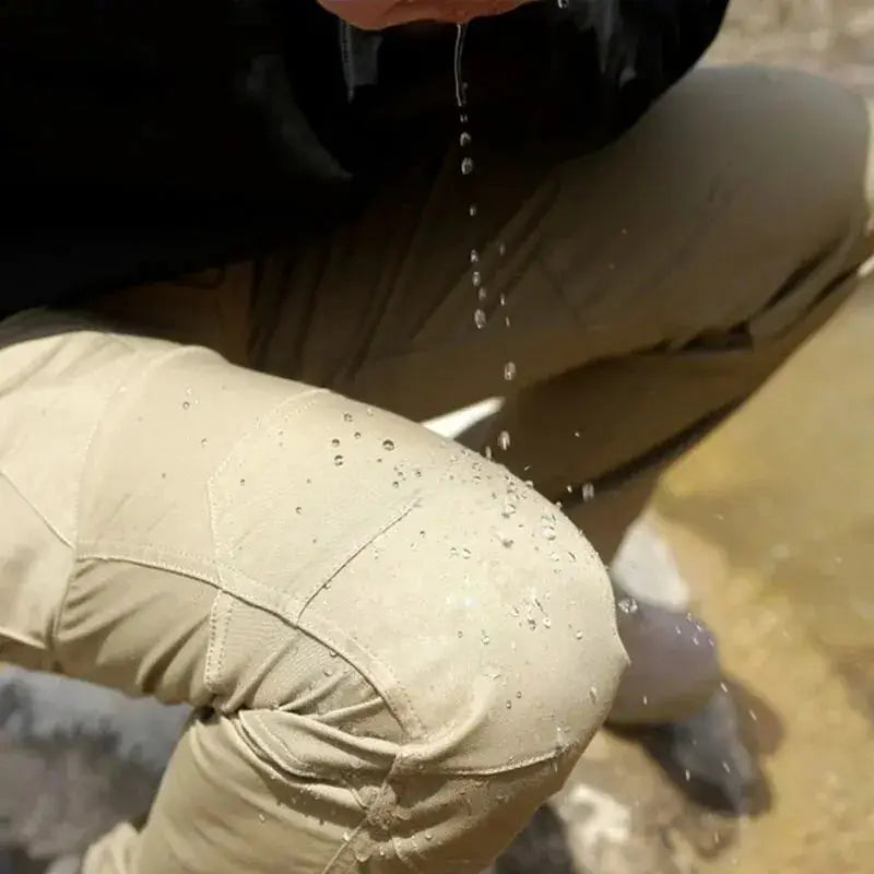 Military Tactical Pants, beige waterproof cargo trousers for men with multiple pockets.