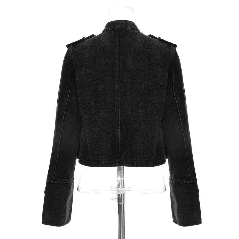 Women's Streetwear Casual Loose Denim Jacket Stand Collar Long Sleeve Button Split Short For Spring And Autumn