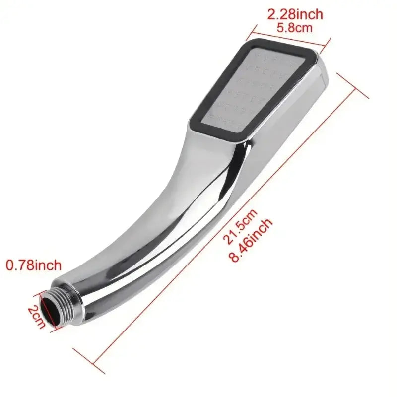 Chrome handheld square shower head, 300-hole rainfall spray, water-saving design, 5.8 cm wide, 21.5 cm long