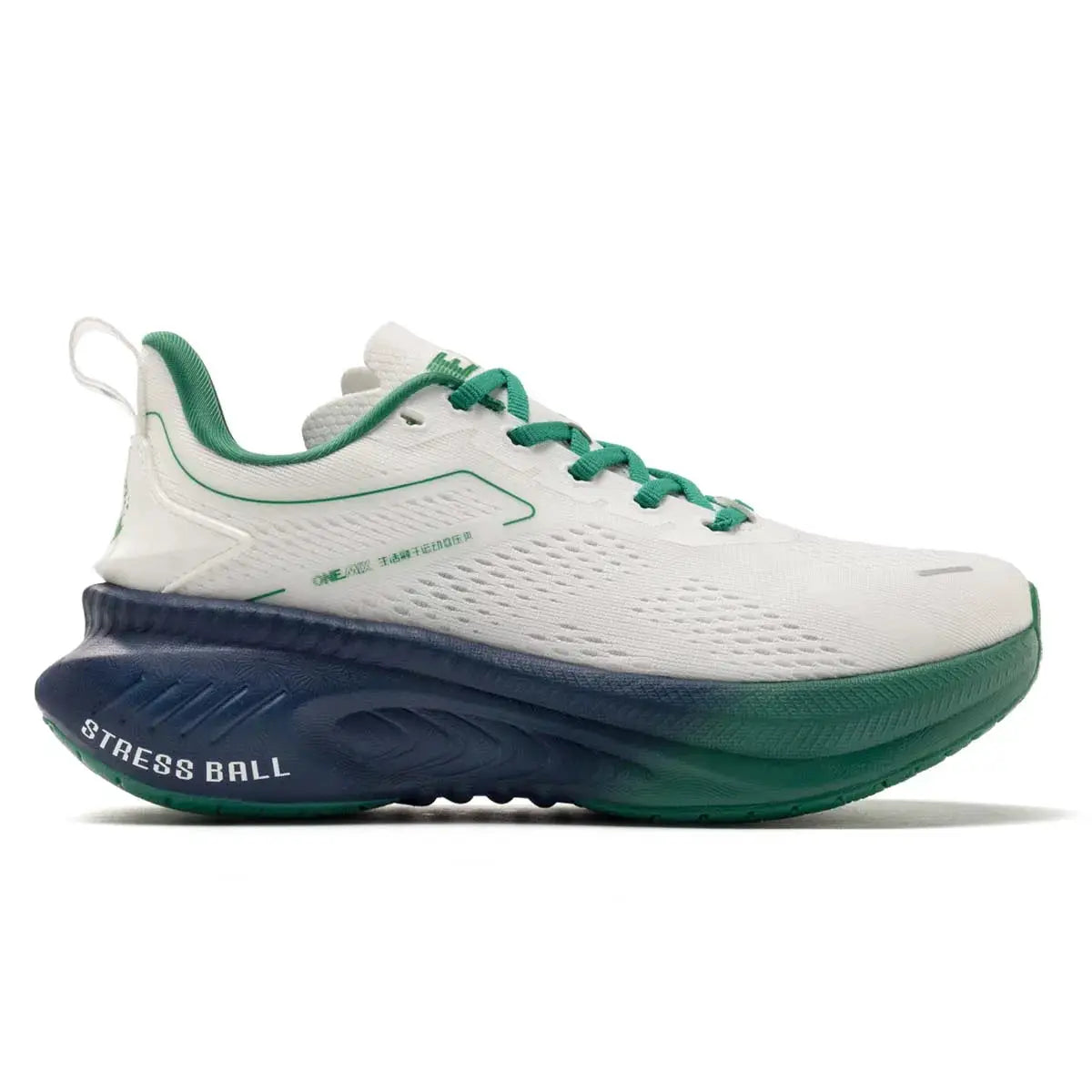 ONEMIX breathable mesh sneakers, white with green laces and navy-green sole
