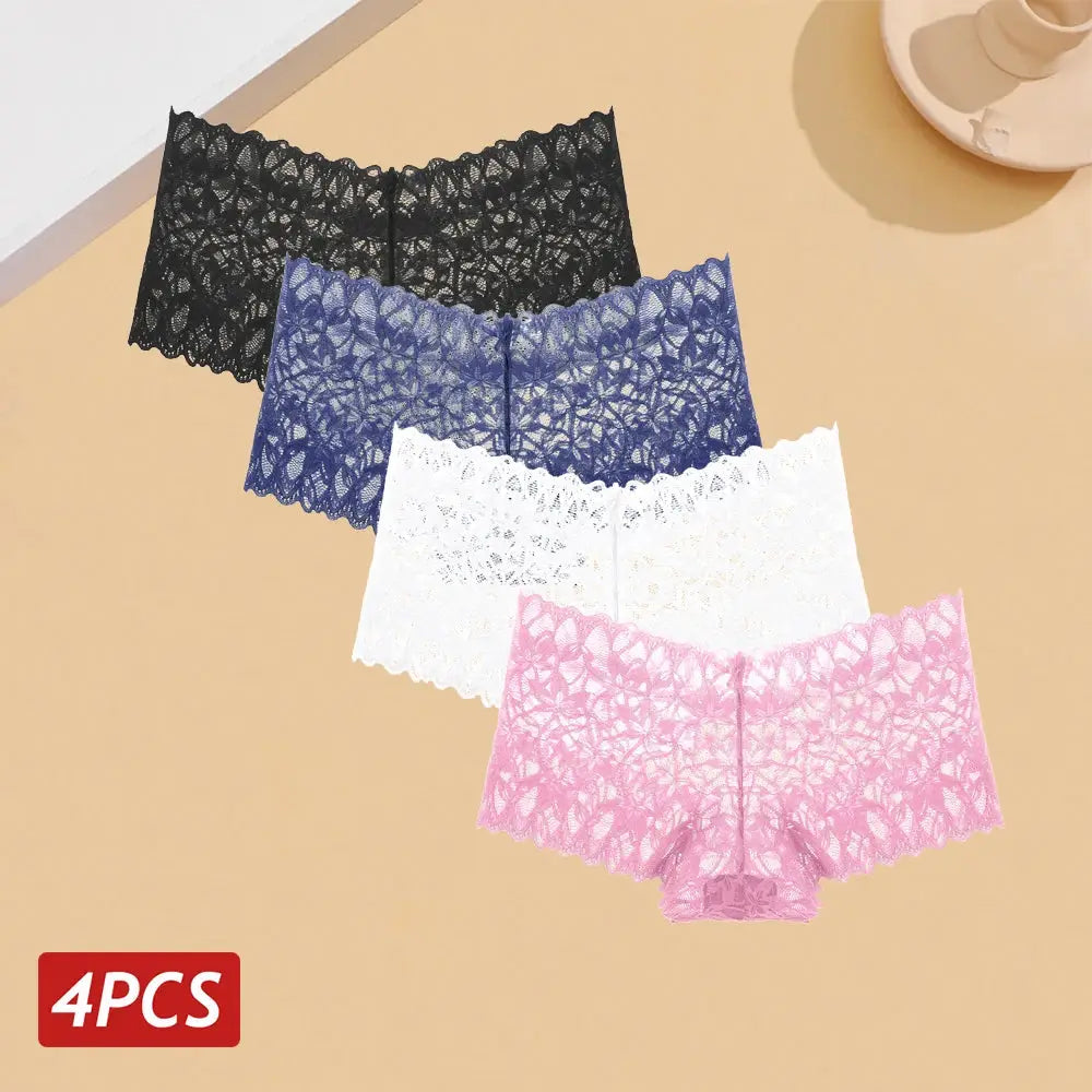 Women's floral lace panties, 4-pack in black, blue, white and pink, breathable V-waist underwear