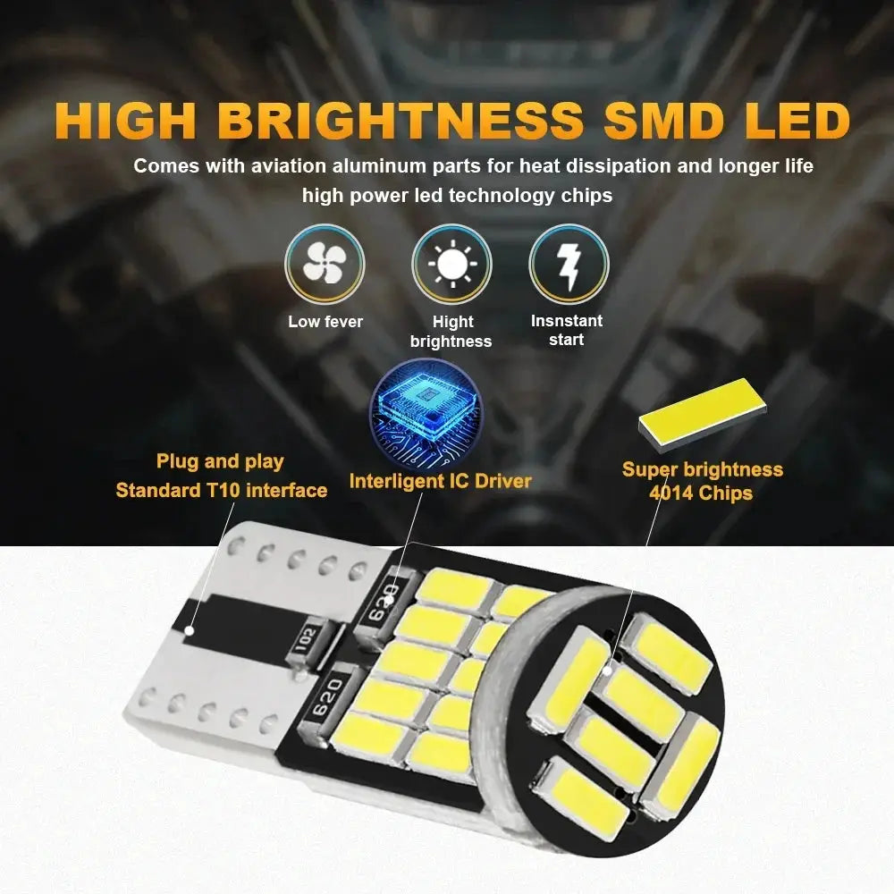 10 Piece W5W T10 LED Bulbs 4014 SMD 6000K Canbus Compatible For Car Interior Dome Reading License Plate Signal Lights
