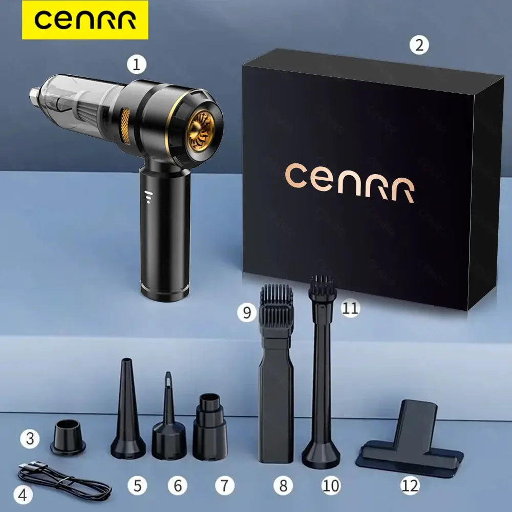 CENRR handheld car vacuum cleaner, black wireless unit with clear dust canister, 12-piece accessory set