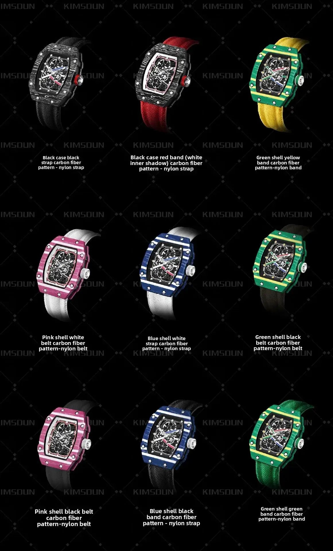 Simples Market tonneau skeleton quartz watch with nylon strap, transparent ultra-thin design, 9 color variants