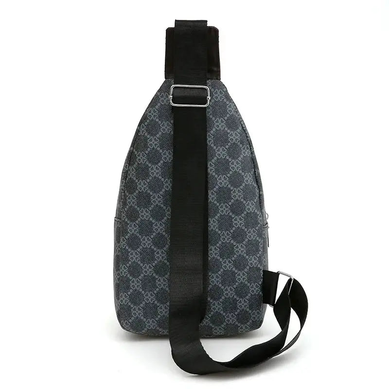Men's crossbody messenger bag in gray patterned fabric with black adjustable strap