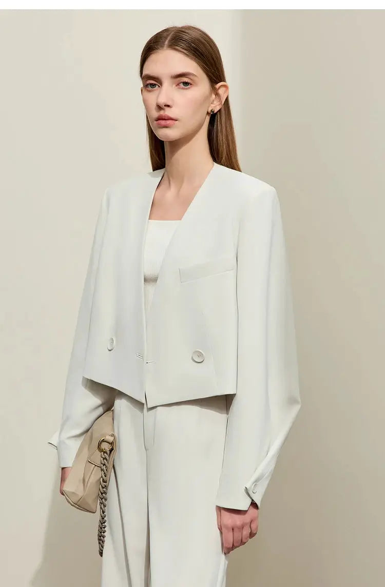 AMII Minimalism ivory short blazer with matching pants, office-ready ensemble