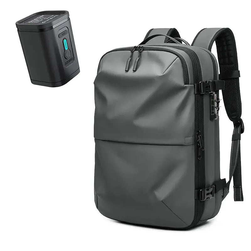 Simples Market men's gray travel backpack; 17-inch laptop sleeve, large capacity, vacuum compression system