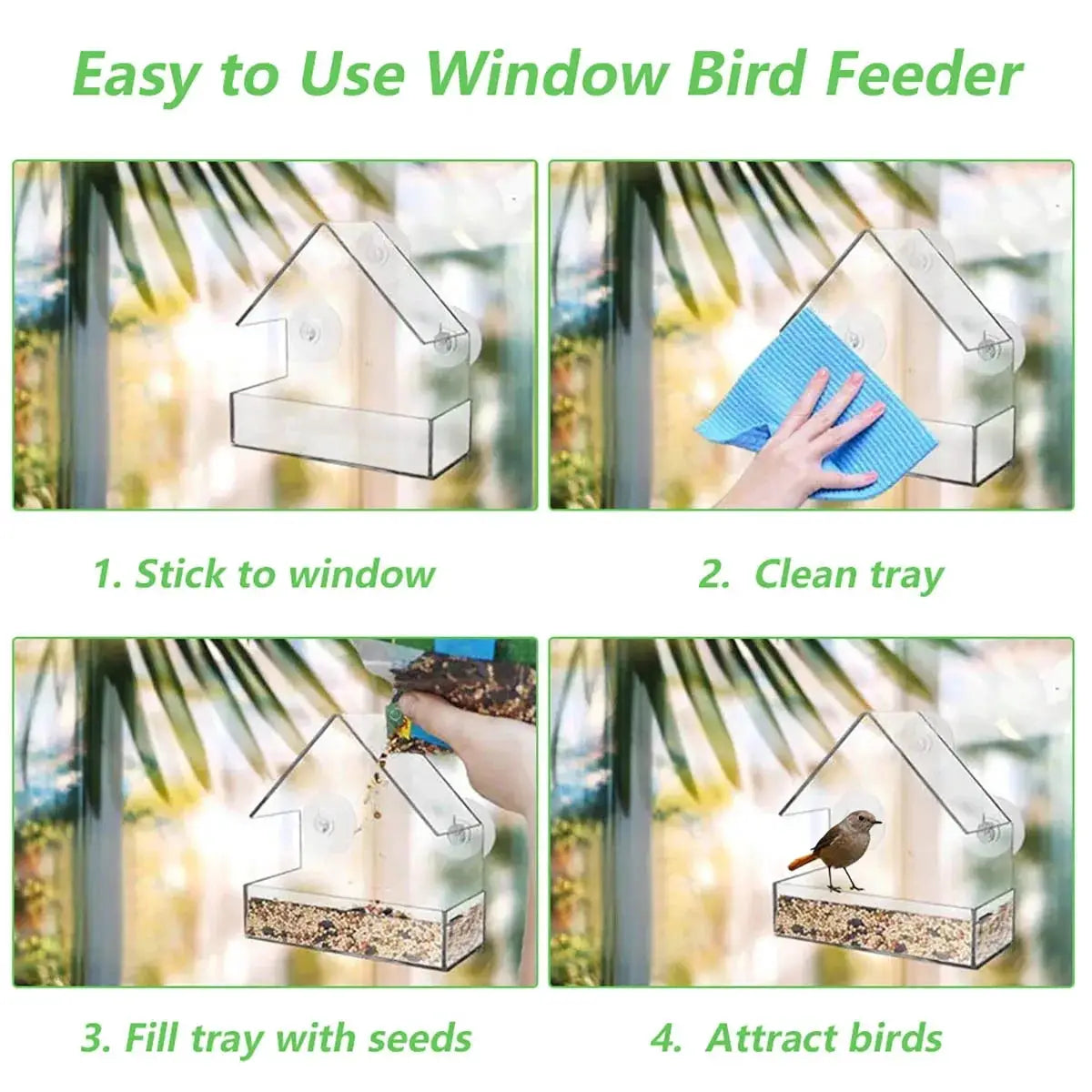 Simples Market transparent window bird feeder with suction cups and sliding seed tray for garden patio yard