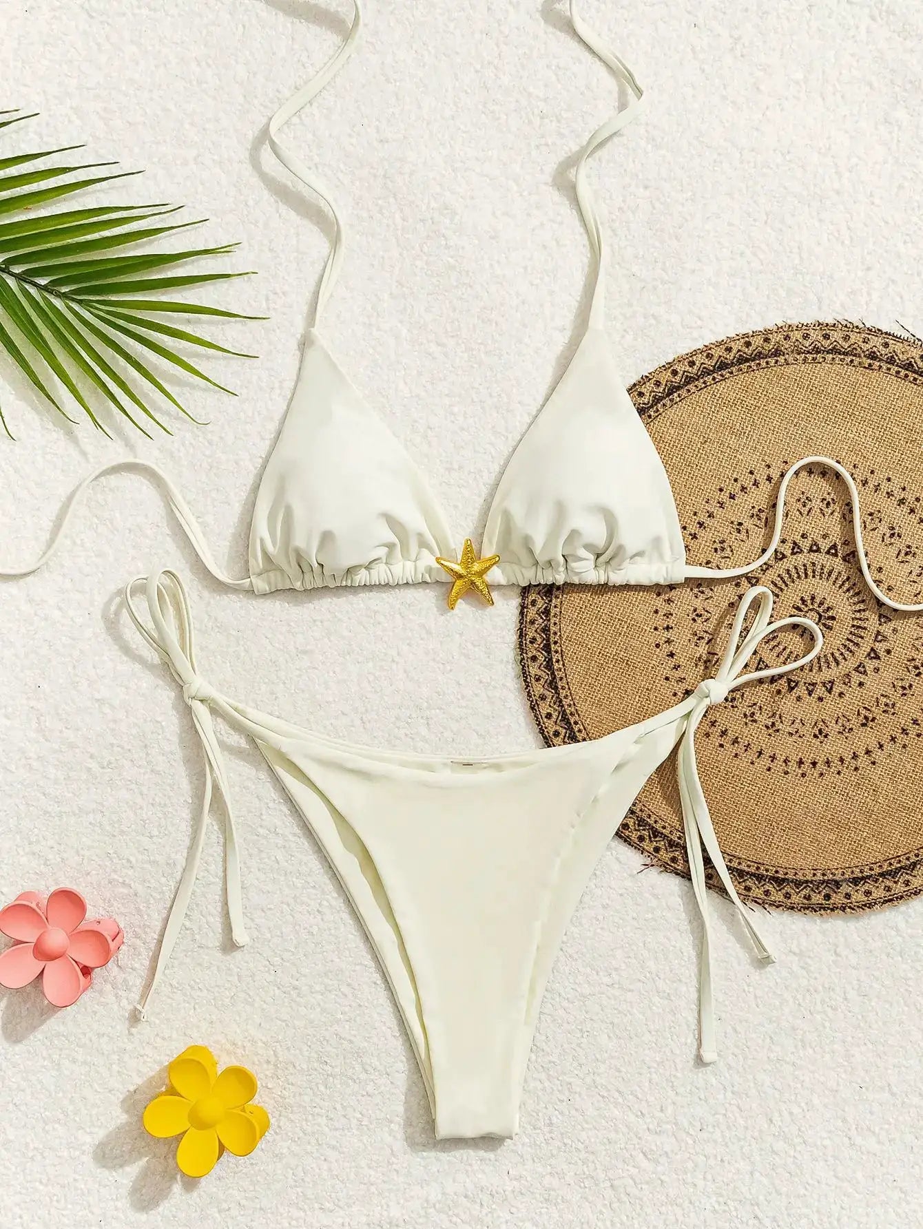 Triangle bikini set by Simples Market, white with adjustable string ties and side-tie bottoms