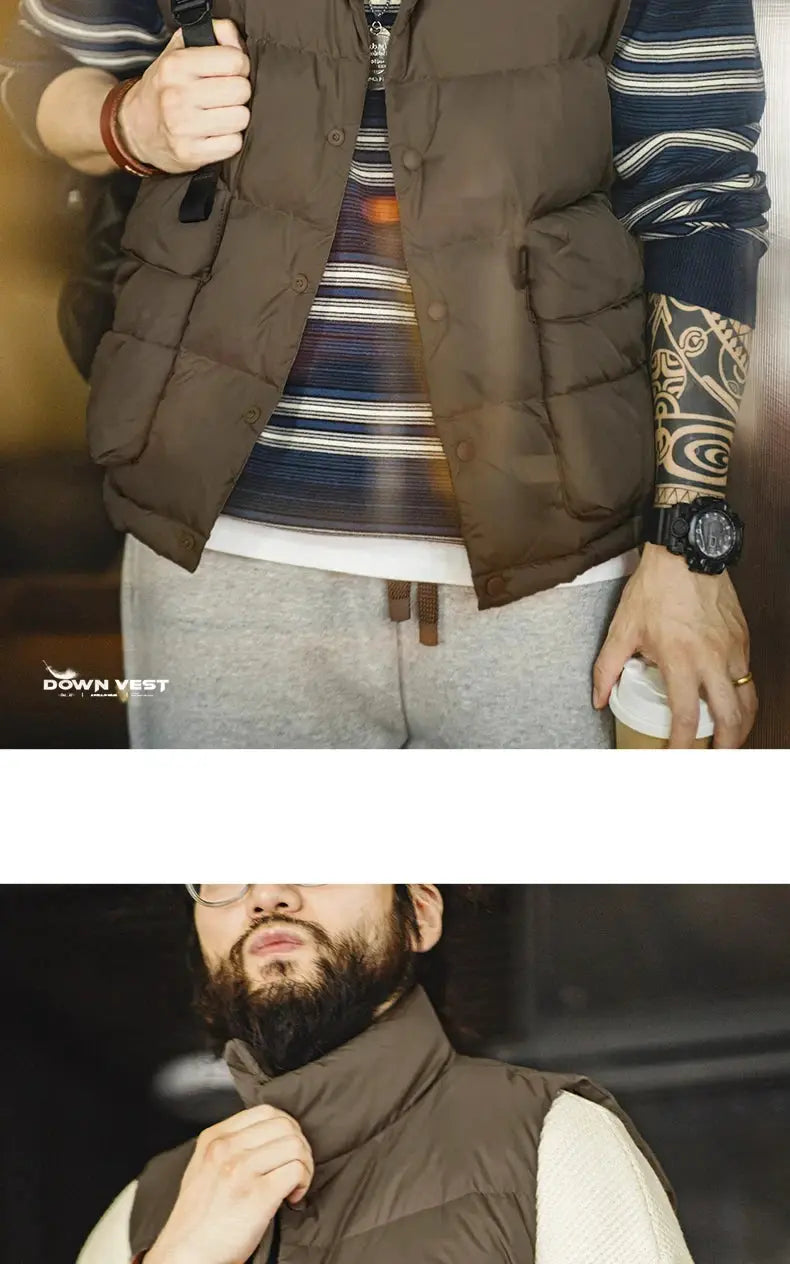 Maden men's brown down vest with stand-up collar, quilted puffer with double side pockets and white duck-down filling