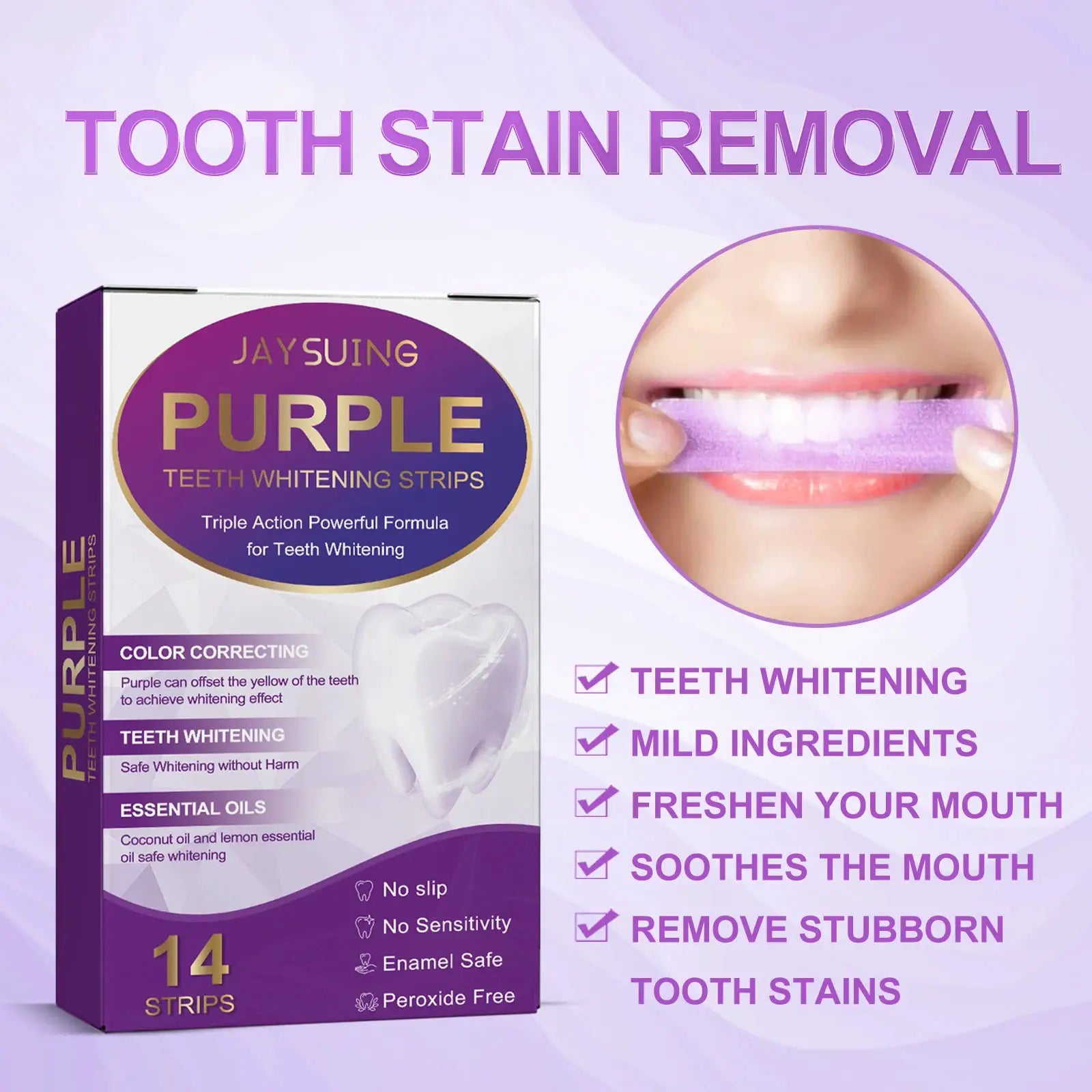 Teeth whitening strips in purple packaging, box shows 14 strips