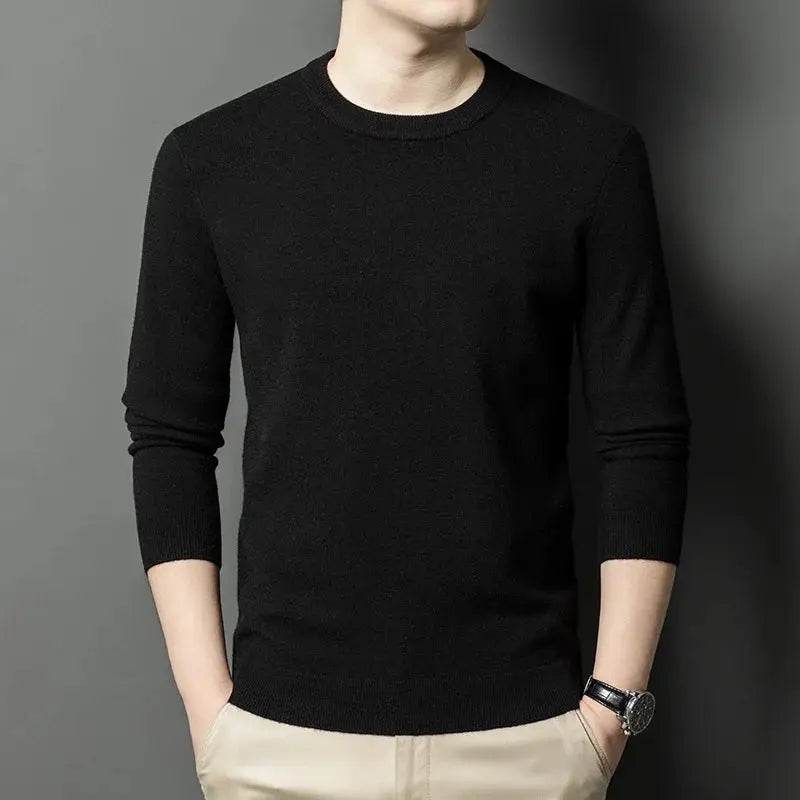 Men's black knitted round-neck sweater with long sleeves, casual versatile top