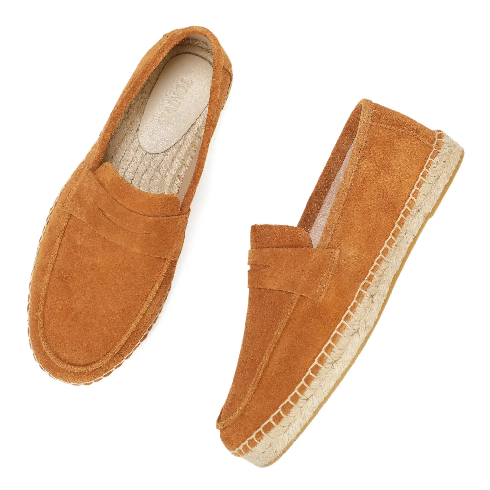 Men's jute espadrille slip-on loafers in tan cow suede leather with rope sole