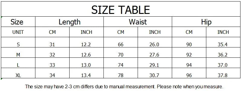 Mooyufon black women's shorts size table by Simples Market; S–XL with length, waist, and hip measurements.