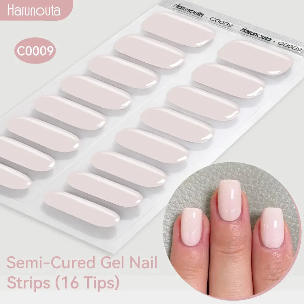 Semi-cured gel nail strips; pale pink gradient, glossy finish, 16 tips, Haunouta