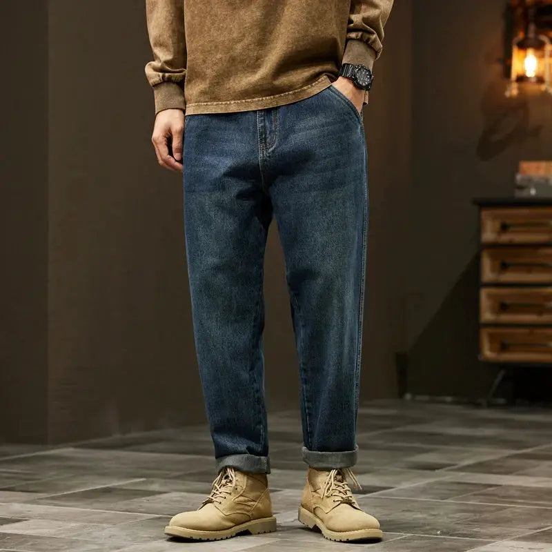 Men's denim jeans with loose harem style, blue indigo, rolled cuffs