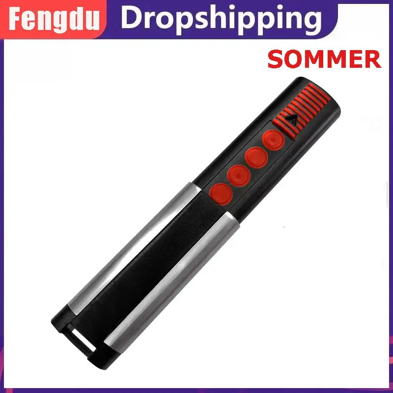 Garage door remote controller, Sommer, black handheld with 4 red buttons and rolling-code transmitter