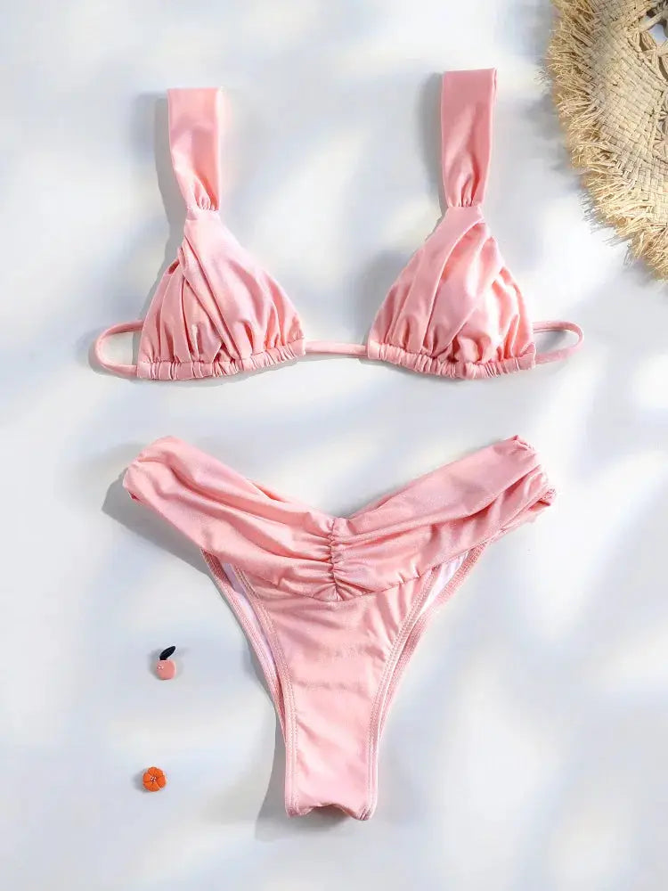 Sexy Folds Bikini Set Solid Micro Triangle Swimwear for Women Two Piece Beachwear Bathing Suit