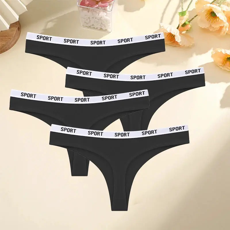 4-pack women's black cotton thongs with white SPORT waistband