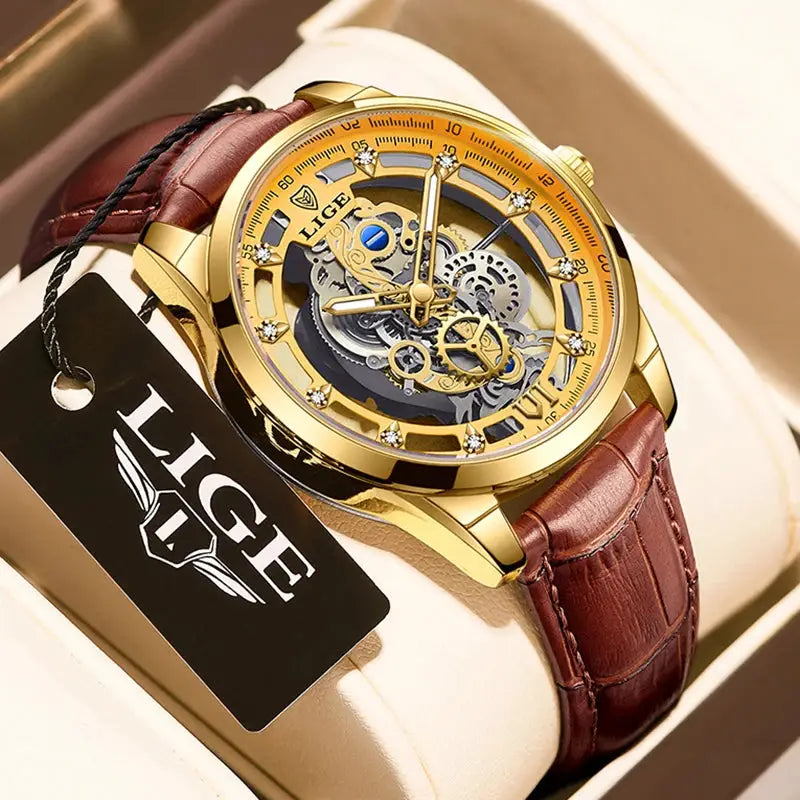 LIGE men's gold-tone skeleton watch with brown leather strap and crystal hour markers