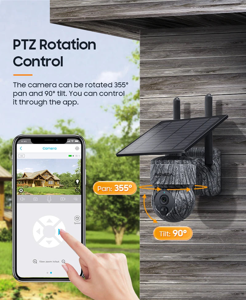 INQMEGA solar PTZ security camera with camo housing and solar panel; two-way audio and app control by Simples Market