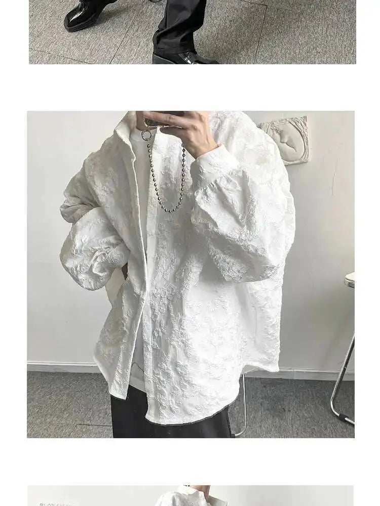 Shirt with white crumpled jacquard, bat-wing sleeves, loose 2XL casual top with turn-down collar