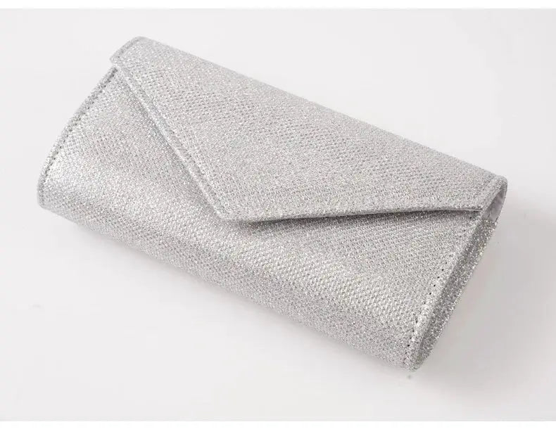 Envelope evening bag in silver glitter, compact clutch purse for wedding or party