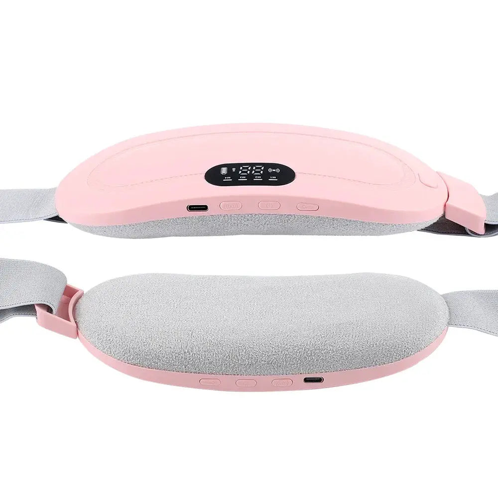 Electric waist massager belt in pink with grey soft interior, Simples Market, vibrating heating for menstrual cramps