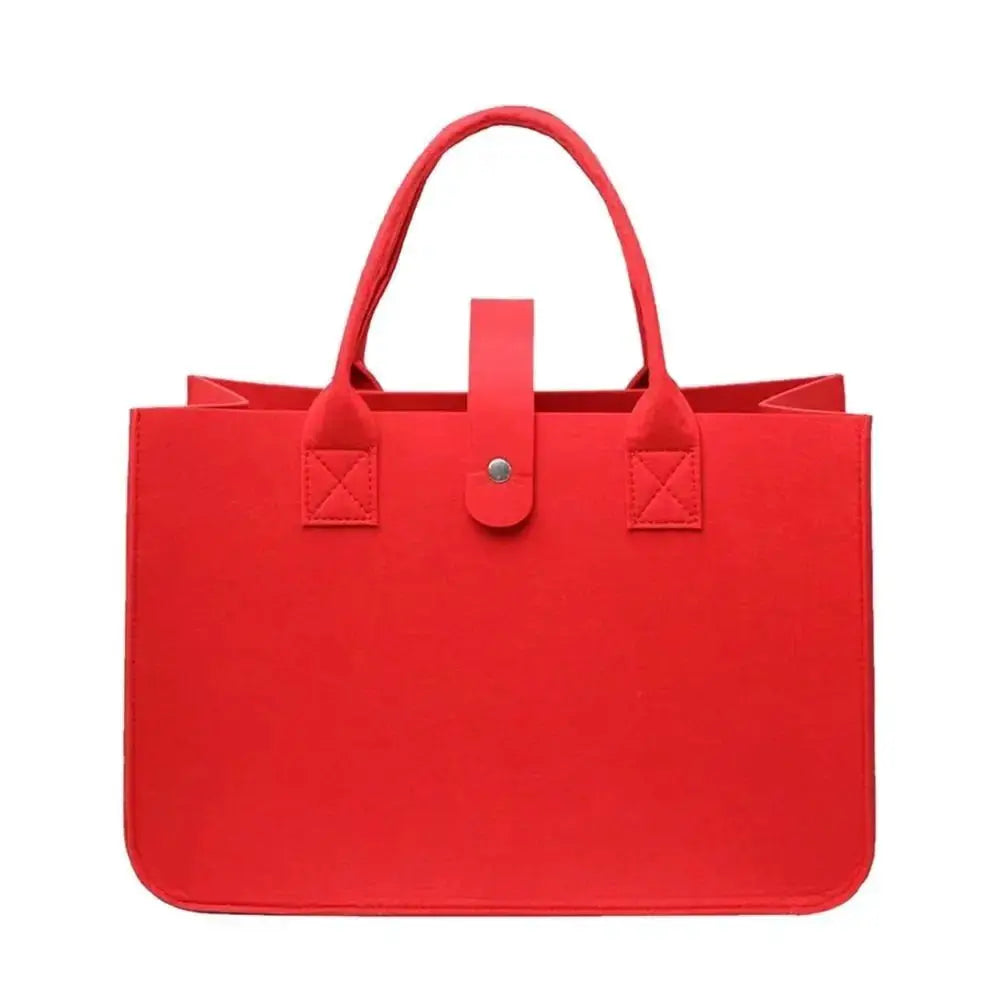 Simples Market red felt tote bag with double top handles and front strap closure