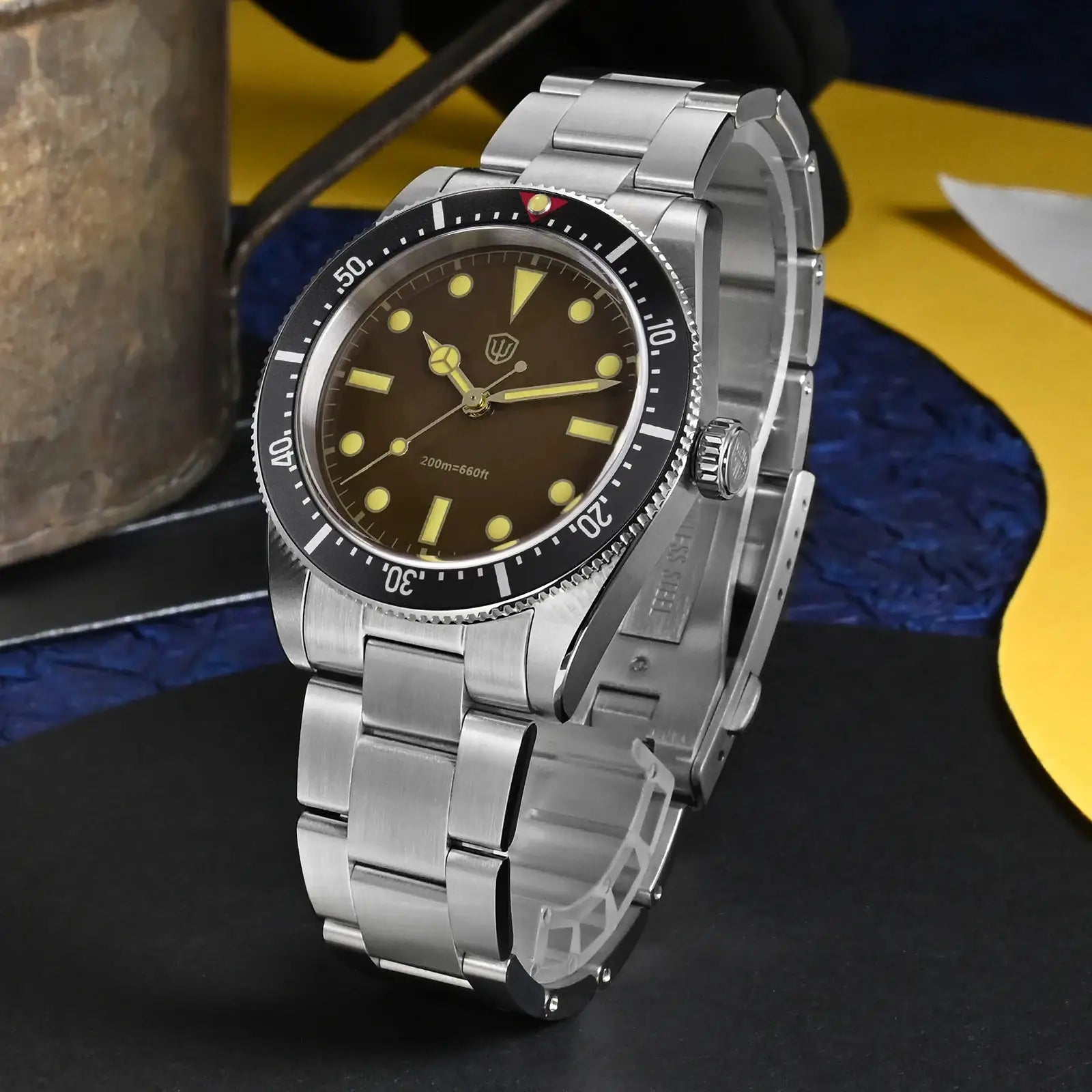 Watchdives WD7922 BB54 diver watch with brown dial, yellow lume, black bezel, stainless bracelet