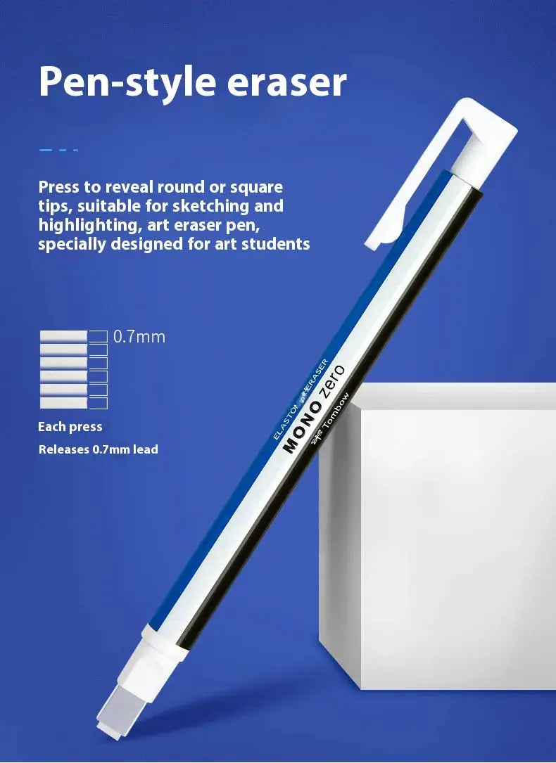 Pen-style eraser Tombow MONO ZERO with blue barrel and white eraser head