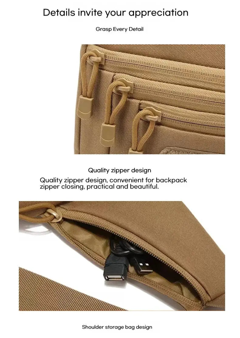 Tan tactical shoulder crossbody bag with concealed pistol holster and multiple zipper pockets