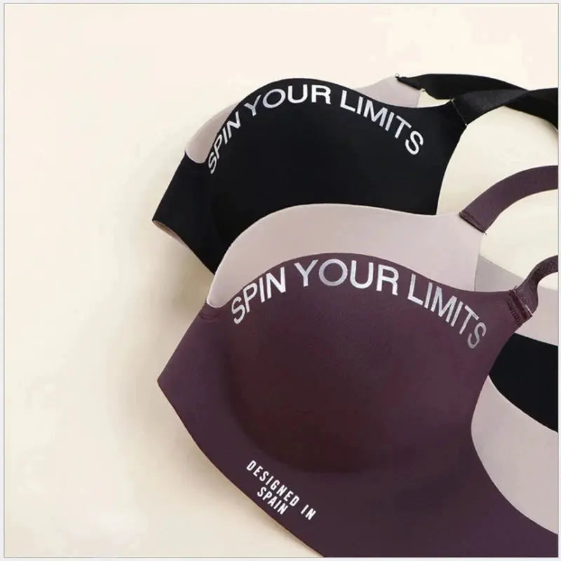 Simplicity letters printed bralette 2-pack in black and mauve with SPIN YOUR LIMITS band and seamless cups
