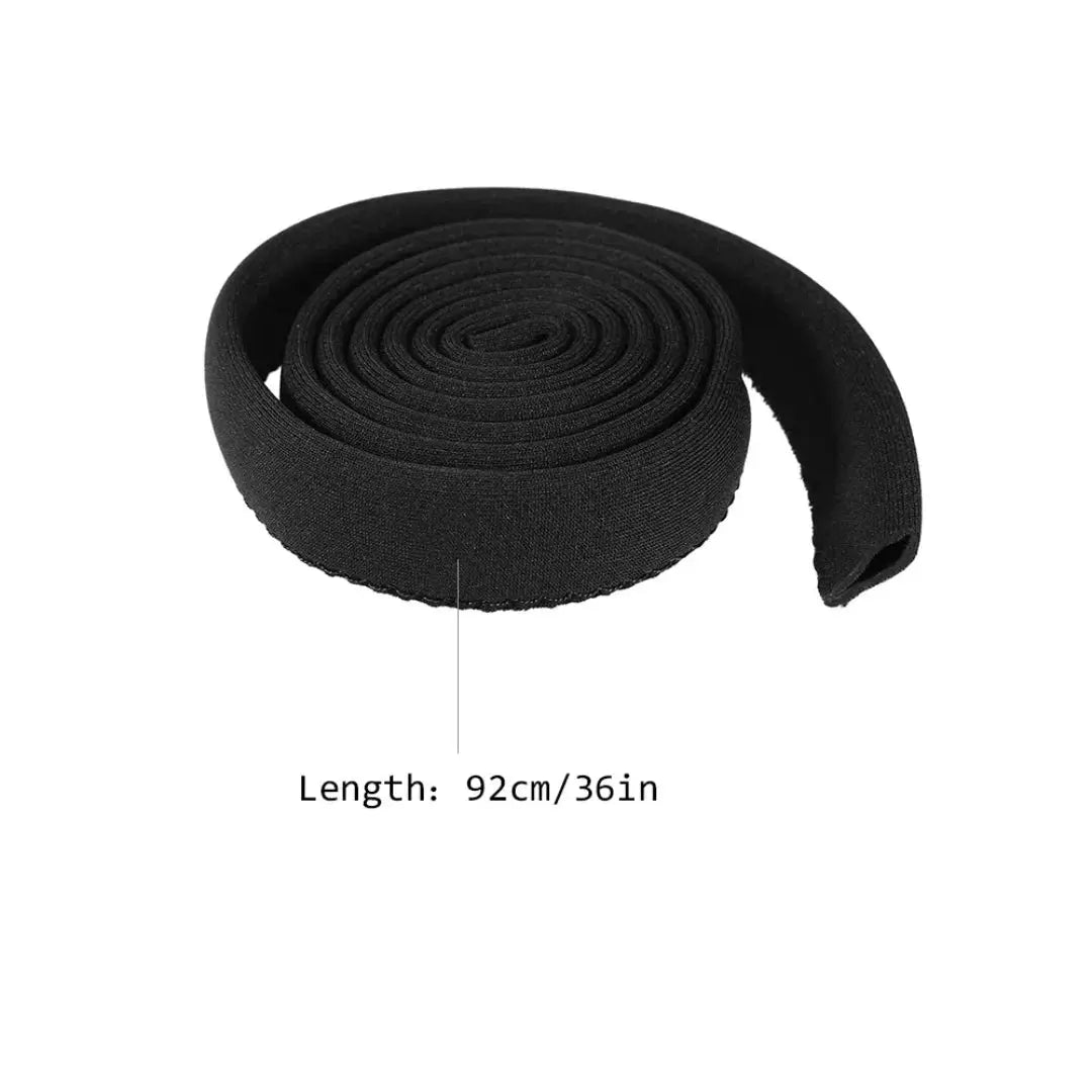 Water bladder tube cover, black fabric hydration sleeve designed for outdoor camping use, 92 cm length
