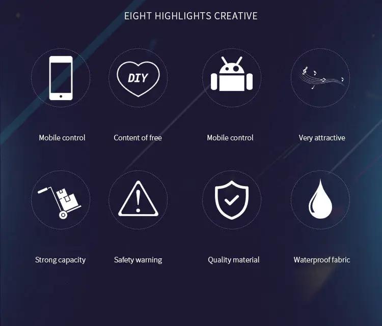 LED Display backpack by Simples Market - eight feature icons including mobile control and waterproof fabric