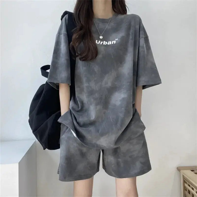Women Tie Dye T Shirt And Wide Leg Shorts Set Casual With Pockets