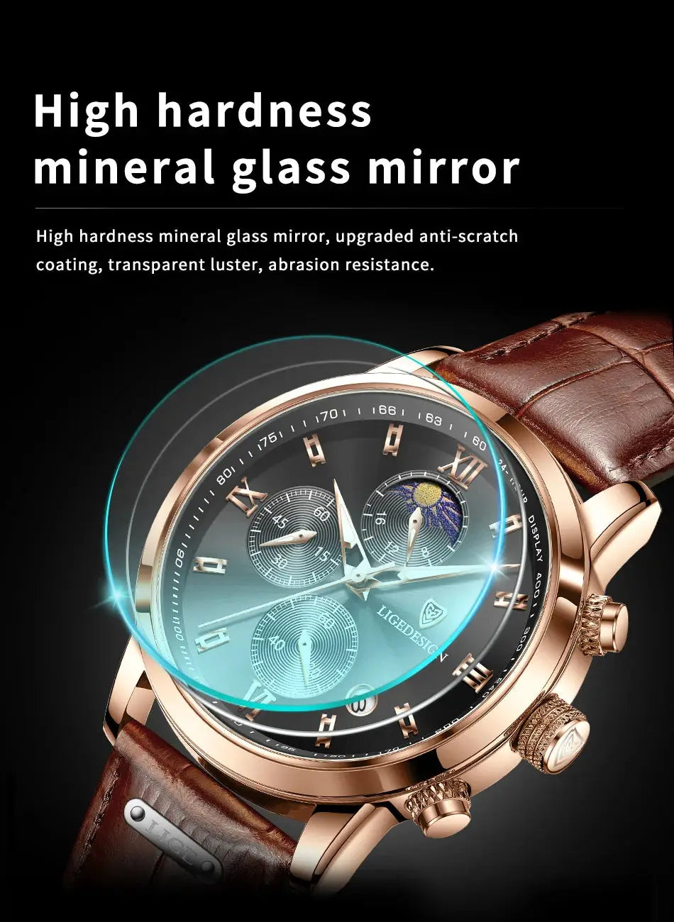 LIGE men's chronograph wristwatch with brown leather strap and rose-gold case