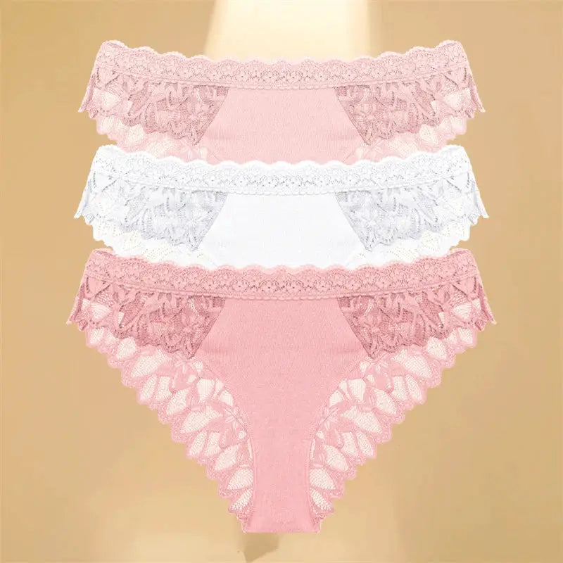 Three-piece lace hollow-out low-rise briefs for women in pink and white with floral lace trim