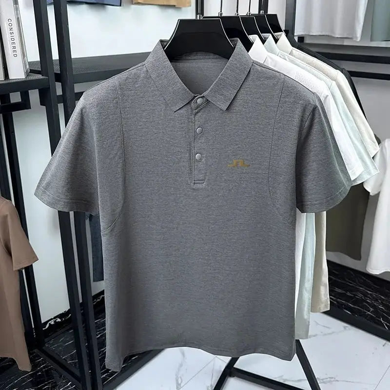 Simples Market grey men's polo shirt, short sleeves with button placket and small yellow chest logo