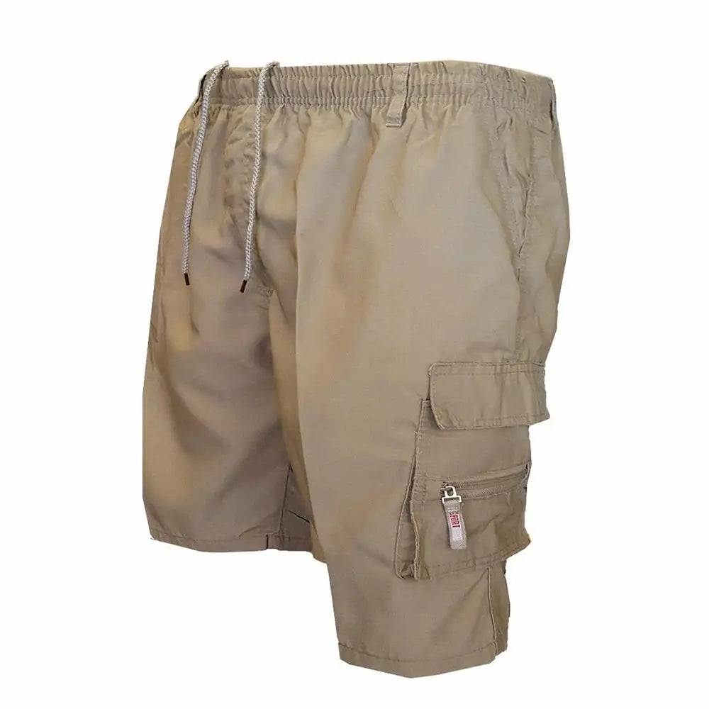 Men's tactical cargo shorts in tan with elastic drawstring waist and multiple cargo pockets.