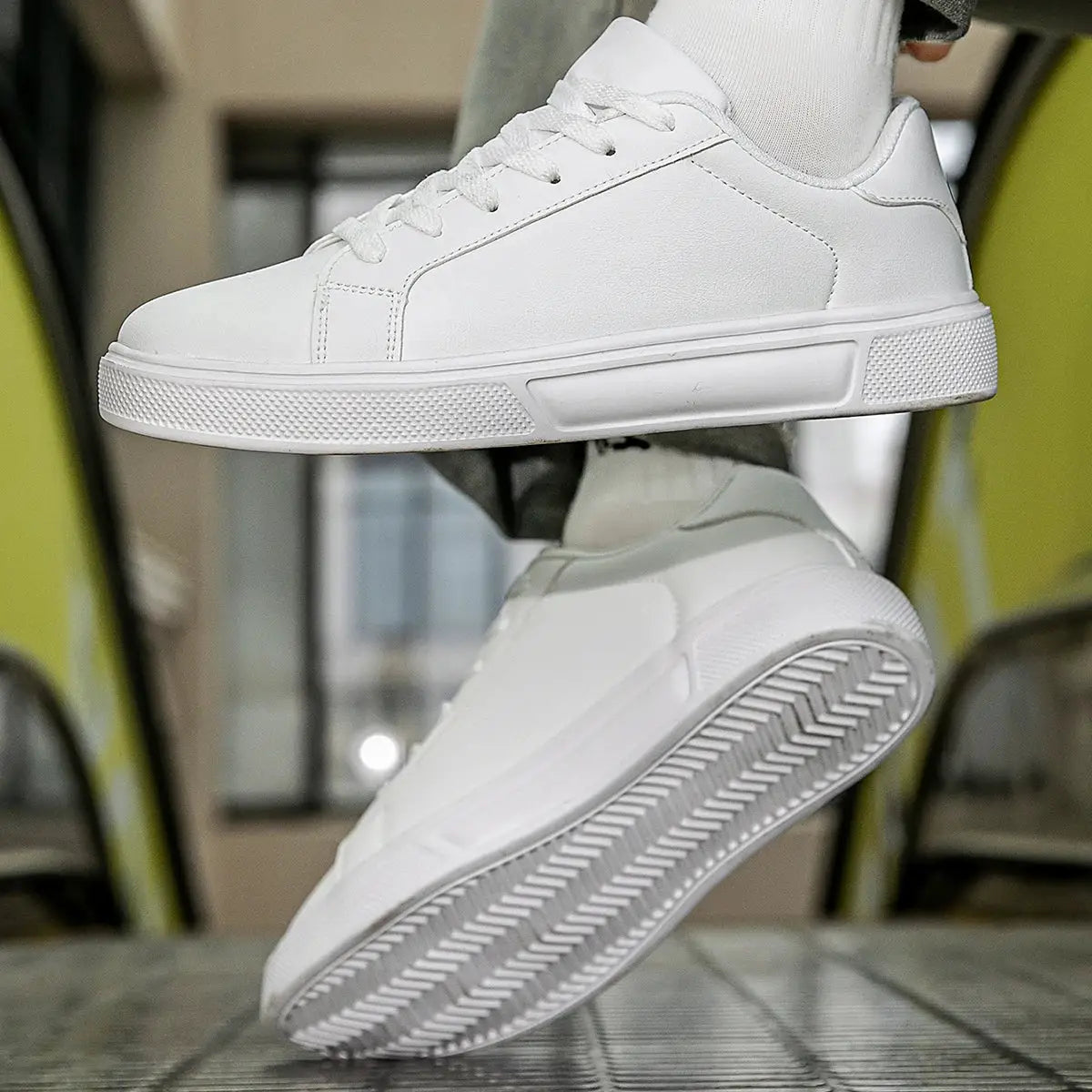 PU leather men's white sneakers, casual vulcanized style, 2 shoes shown