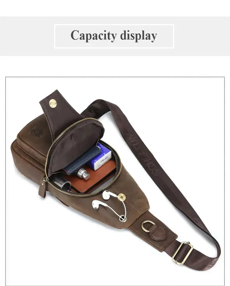 SCHLATUM brown genuine leather chest bag with crossbody strap; triangle design for travel, Simples Market.